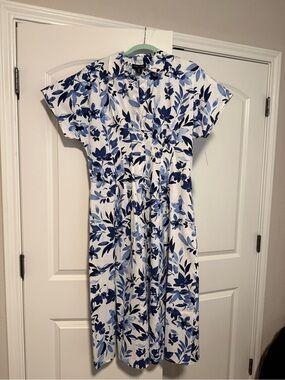 White Midi Dress with Blue Floral Print